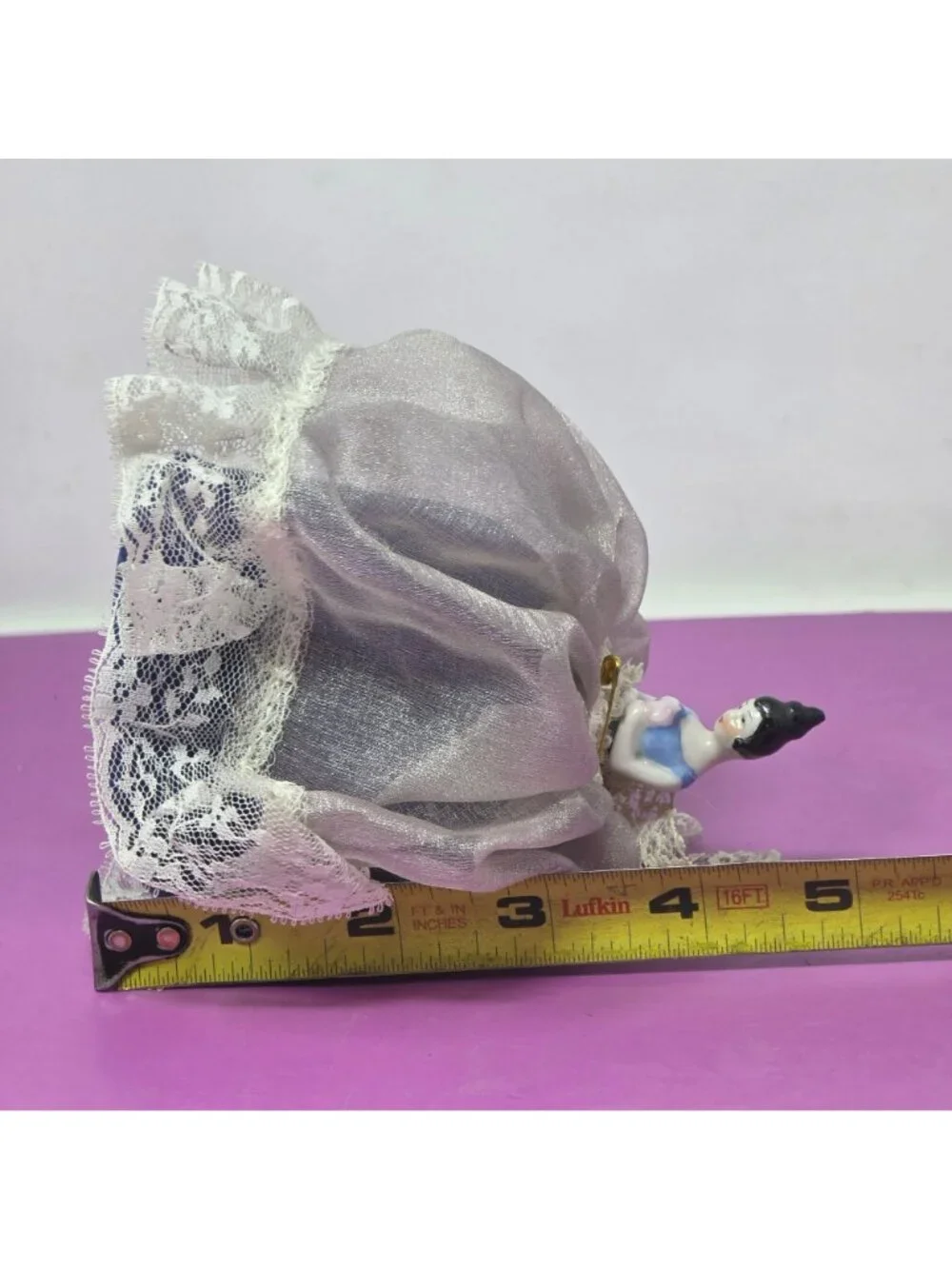 Antique Style Porcelain Half Doll Pin Cushion Lace Skirt Sewing Figurine